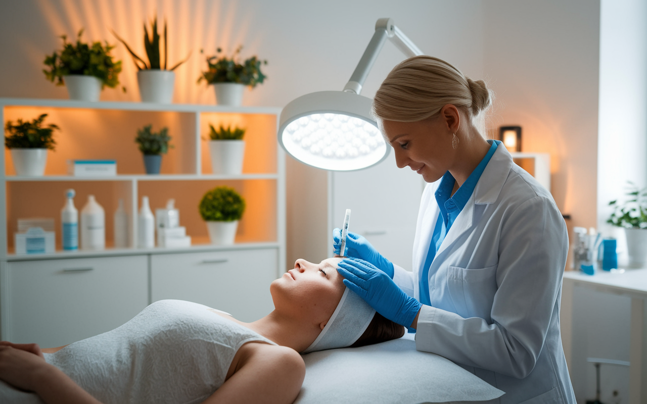 A serene dermatology clinic setting with a warm and inviting atmosphere. A doctor in a white coat is examining a patient’s skin under soft, diffuse lighting. The room is well-organized, decorated with plants and medical equipment neatly arranged. The doctor displays a compassionate expression, making the patient feel at ease during the consultation. A variety of dermatology tools are visible on a nearby table, showcasing the blend of medical professionalism and patient care.