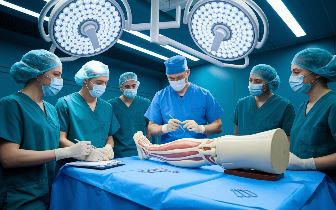 An orthopedic surgery training session in a state-of-the-art medical facility. Trainees in scrubs are attentively observing a veteran surgeon demonstrating a surgical procedure on a large anatomical model of a human leg. Bright overhead lights illuminate the space, highlighting the detailed anatomy. The image conveys focus and dedication as trainees take notes and engage in discussion, showcasing the rigorous learning environment.