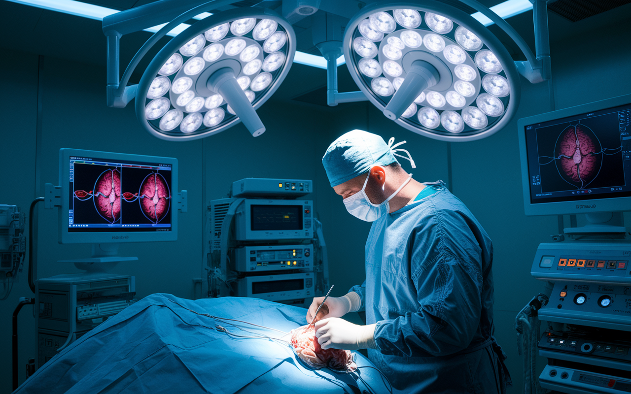 A neurosurgeon in a fully equipped operating room engaged in a critical brain surgery. The room is sterile, with advanced medical equipment and monitors displaying intricate brain activity. The surgeon is deep in concentration, highlighting the high stakes of the procedure. Bright, focused surgical lights illuminate the scene, creating an atmosphere of intensity and professionalism. The image captures the magnitude of responsibility and the high level of precision required in neurosurgery.