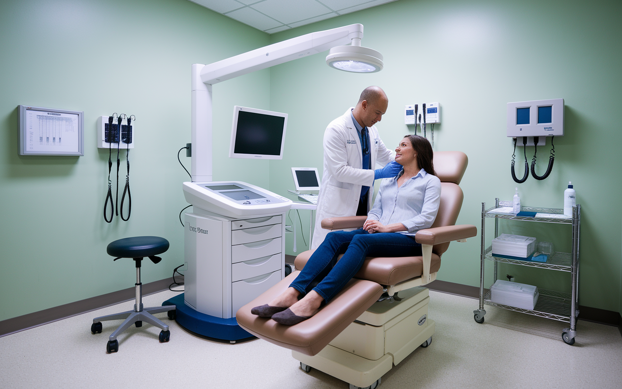 A well-organized otolaryngology examination room featuring advanced diagnostic equipment and a comfortable chair for patients. An ENT specialist is performing an examination on a patient, demonstrating a thorough approach to diagnosis. The room is bright and welcoming, with medical charts and instruments neatly arranged on a side table. The doctor's attentive demeanor conveys compassion and expertise in treating ear, nose, and throat conditions.