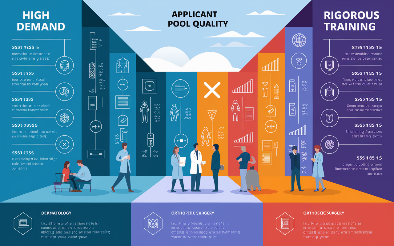 A visually striking infographic style illustration depicting the competitive landscape of medical specialties. Visual elements showcasing 'High Demand', 'Applicant Pool Quality', and 'Rigorous Training' in a colorful, data-driven design. Each section features symbols or icons representing dermatology, orthopedic surgery, and plastic surgery, accompanied by statistics and graphical representations. The atmosphere is energetic and informative, with a clean layout that draws viewers’ attention to the competitiveness of medical specialties, rendered in a modern vector art style.