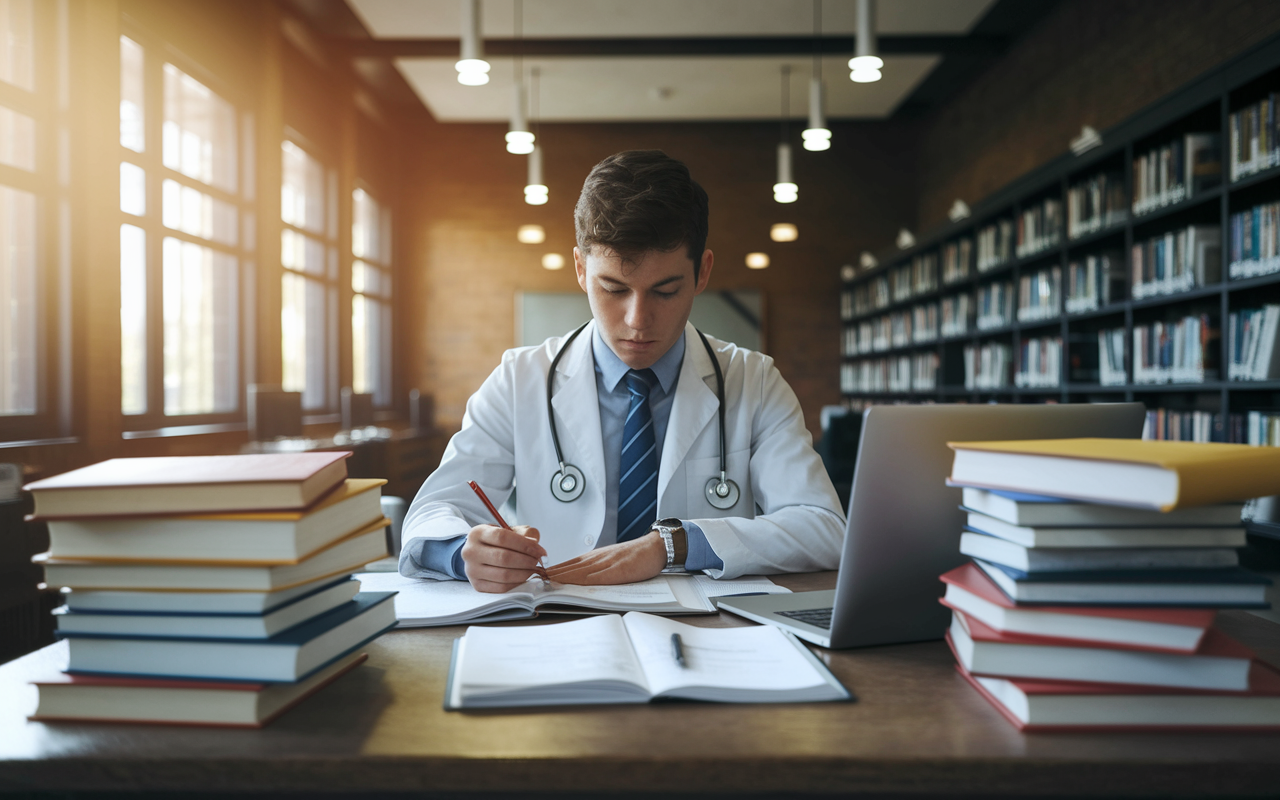 A focused medical student seated at a well-organized study table, surrounded by books and clinical notes. The student is reviewing material for the USMLE, with a laptop open displaying study resources. Warm, inviting library atmosphere with golden light filtering through windows, creating a sense of calm and intellectual pursuit. Emphasizing commitment with stacks of textbooks and a coffee cup beside them, depicting the hard work and dedication of those preparing for residency matching, done in a photorealistic style.