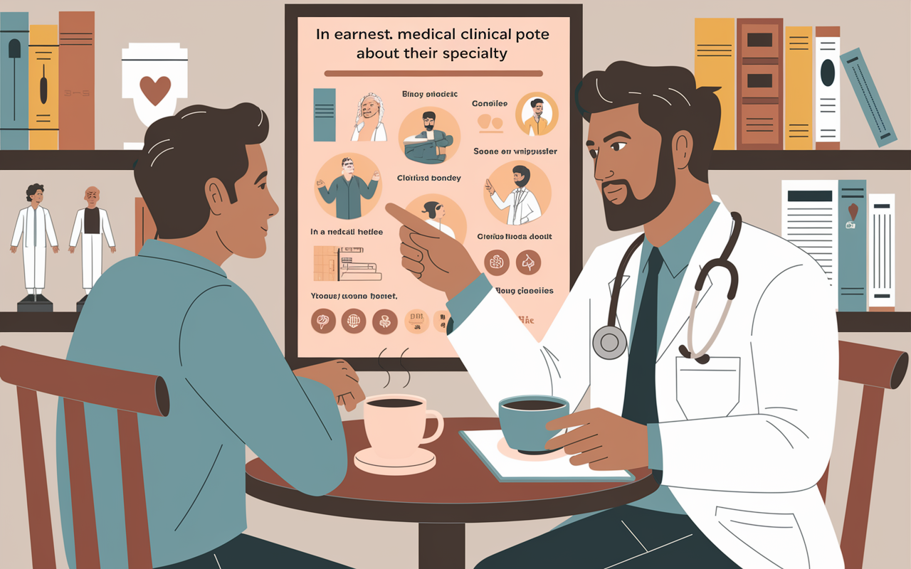 Scene of a mentor and a medical student engaged in an earnest discussion over coffee in a cozy café setting. The mentor, an experienced physician in a white coat, provides guidance while pointing to a detailed clinical poster about their specialty. The background features medical models and textbooks, illustrating the essence of mentorship in medical education. Soft, ambient lighting curates an intimate and thoughtful atmosphere, emphasizing the importance of relationships, captured in a warm, inviting illustration style.