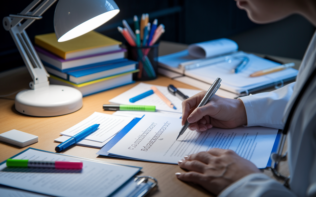 A close-up of a medical student's hands meticulously crafting a personal statement for residency applications, with notes and drafts scattered around. The workspace is neat yet busy, featuring academic supplies like pens, highlighters, and medical books, illuminated by a desk lamp that creates an inspiring light contrast. The scene embodies focus and creativity, showcasing the detailing required in preparing application documents, rendered in a realistic, detailed style.