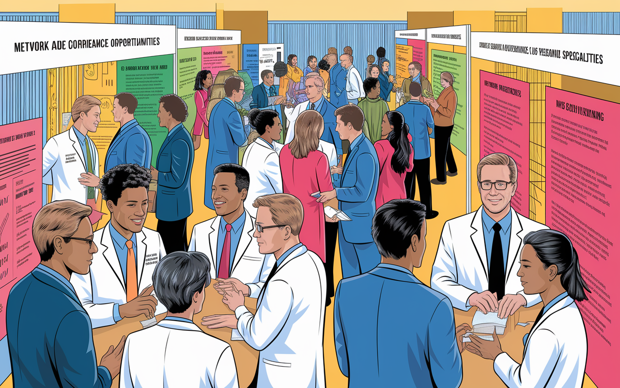 A vibrant medical conference scene where aspiring physicians network over discussions near brightly colored posters and booth displays. Groups of students enthusiastically engage with faculty and industry leaders. The atmosphere is lively and full of motivation, with banners highlighting different medical specialties. Emphasizing the importance of networking in securing opportunities, the illustration captures the energy and dynamics of professional gatherings in a colorful, action-packed style.