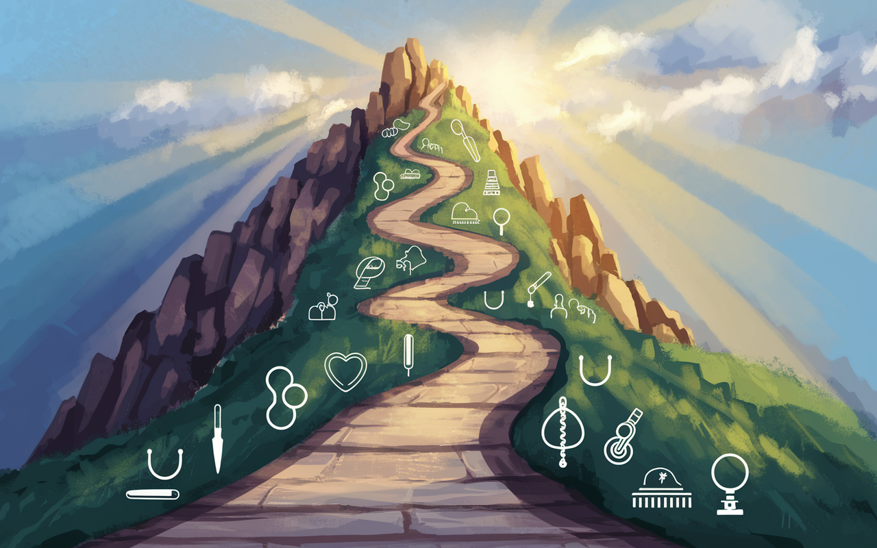 An inspiring visual metaphor depicting a steep, rocky mountain with various paths leading to the summit, representing the journey to becoming a leader in competitive medical specialties. Each path is lined with symbols of different specialties such as a scalpel for surgery, a stethoscope for cardiology, and a microscope for dermatology. The sky is dawn-like, symbolizing hope and new beginnings, with soft rays of sunlight breaking through clouds, creating an uplifting atmosphere. Digital painting style, vibrant colors.