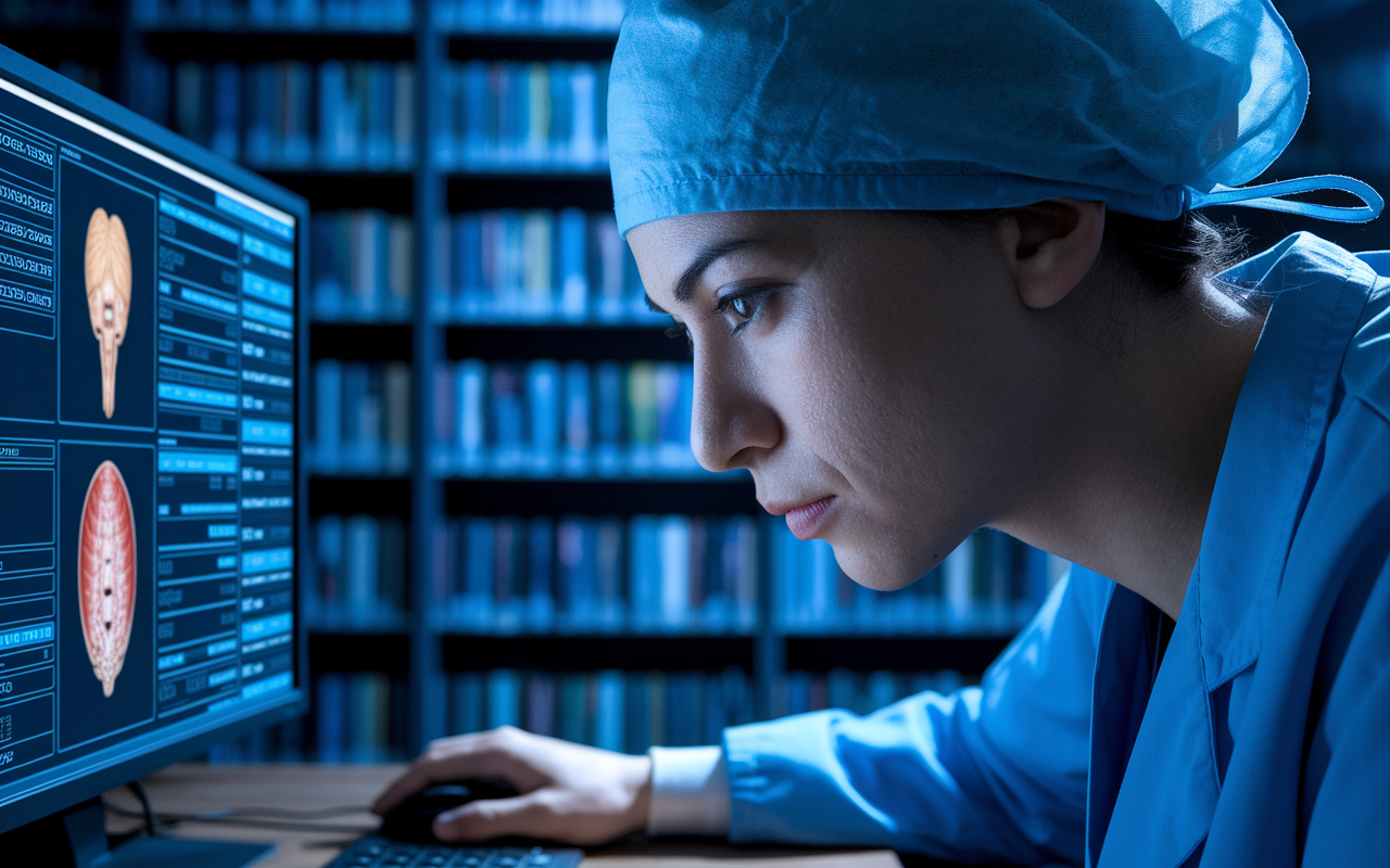 A close-up shot of a surgical resident in scrubs and a lab coat, deeply focused on a computer screen filled with medical research data and anatomical images. The dim light casts a gentle glow on their determined face, revealing a library filled with textbooks in the background. The atmosphere conveys a sense of dedication and drive, merging the elements of academia and clinical practice. Cinematic lighting, photorealistic style.