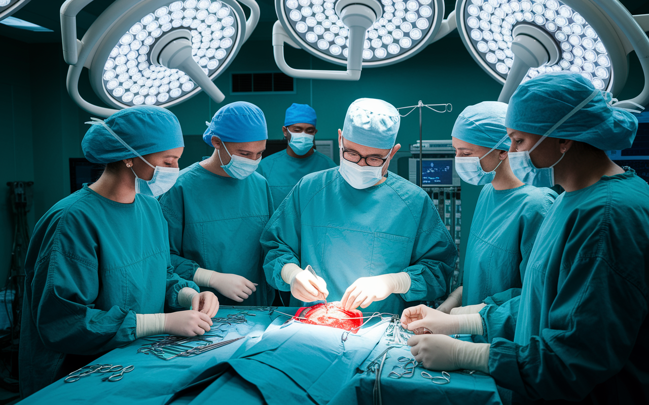 An energetic surgical team in an operating room, showcasing a diverse group of professionals collaborating seamlessly. The lead surgeon, focused and confident, is performing a delicate cardiac procedure while the nursing staff and anesthesiologist are attentively monitoring equipment. Bright surgical lights illuminate the scene, creating a sense of urgency and teamwork. Photorealistic style, dynamic composition.