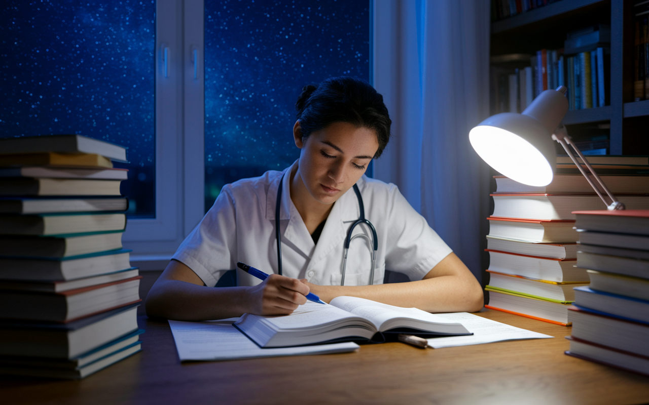 A dedicated medical student studying late at night in a cozy study nook, surrounded by stacks of textbooks and medical notes. A focused expression reflects their determination as they highlight passages in a thick review book under the warm glow of a desk lamp. Outside the window, a night sky filled with stars symbolizes their aspirations. Soft, realistic lighting, intimate atmosphere.