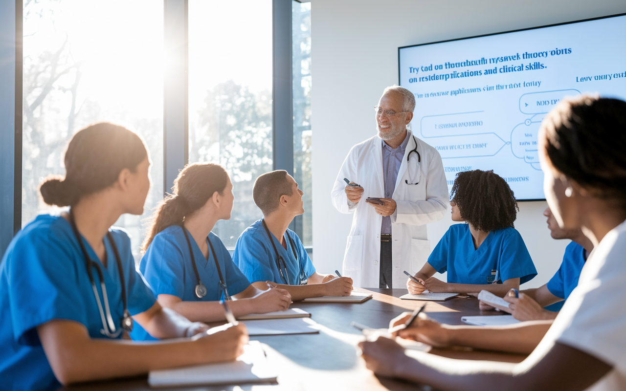 A group of medical students participating in a mentoring workshop with an experienced physician, in a bright, modern meeting room. The students, focused and attentive, take notes while the physician presents critical topics on residency applications and clinical skills. A large whiteboard displays diagrams and key points, with sunlight streaming in through large windows, creating an inspiring environment of learning and mentorship.