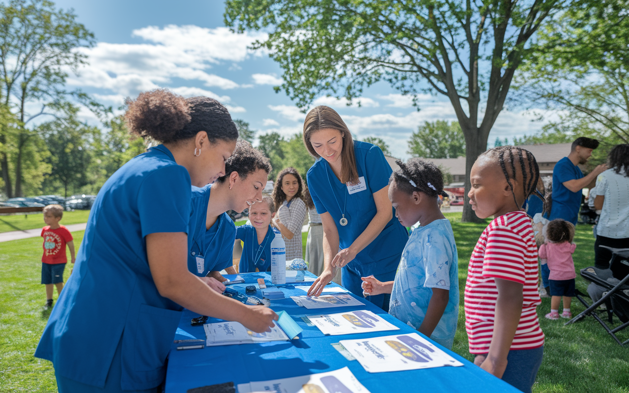 A group of SNMA members participating in a community health education event at a local park, engaging with families. They are setting up a booth with educational materials about preventive care while interacting with community members, illustrating a sense of advocacy and engagement. The scene is bright and lively under blue skies, with trees and children playing in the background, symbolizing community health and outreach.