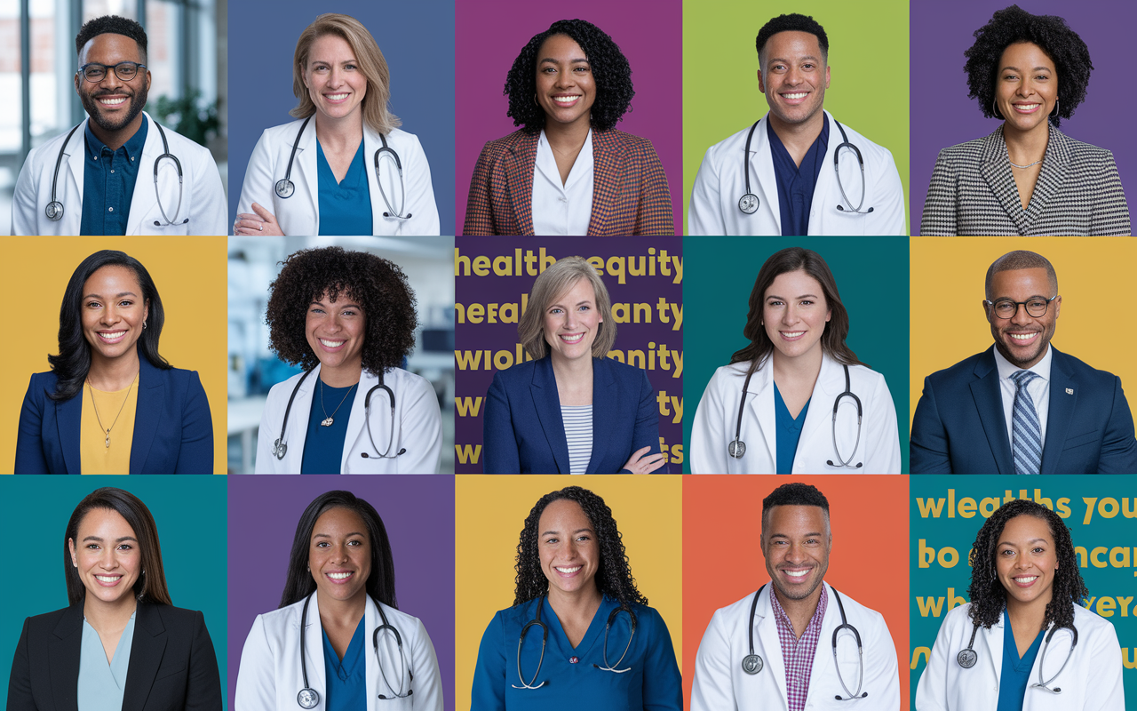 A collage of diverse, successful SNMA members in various professional settings—including a primary care office, a research laboratory, and a legislative office—representing their contributions to healthcare and policy. Each member displays confidence and passion in their respective roles, underscored by triumphant expressions, with symbols of health equity and community wellness in the backdrop.