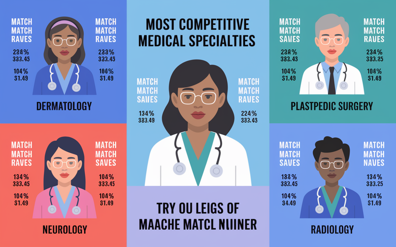 A visually engaging infographic-style illustration depicting the most competitive medical specialties with icons representing each field: dermatology, plastic surgery, orthopedic surgery, neurology, and radiology. Each icon surrounded by statistics like match rates and applicant numbers, presented in a colorful and educational manner, reflecting the high stakes of the residency match process.