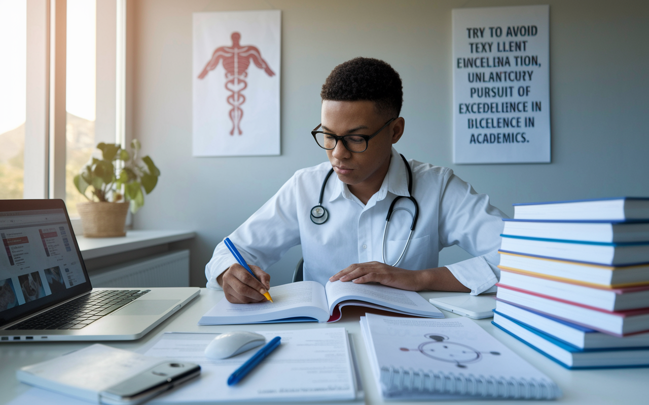 A focused medical student studying in a well-organized desk space filled with textbooks and notes on a bright morning. The student, wearing glasses, is highlighting an important chapter while accompanied by medical diagrams and a laptop open to medical resources. A motivational poster hangs on the wall, symbolizing dedication and the pursuit of excellence in academics.