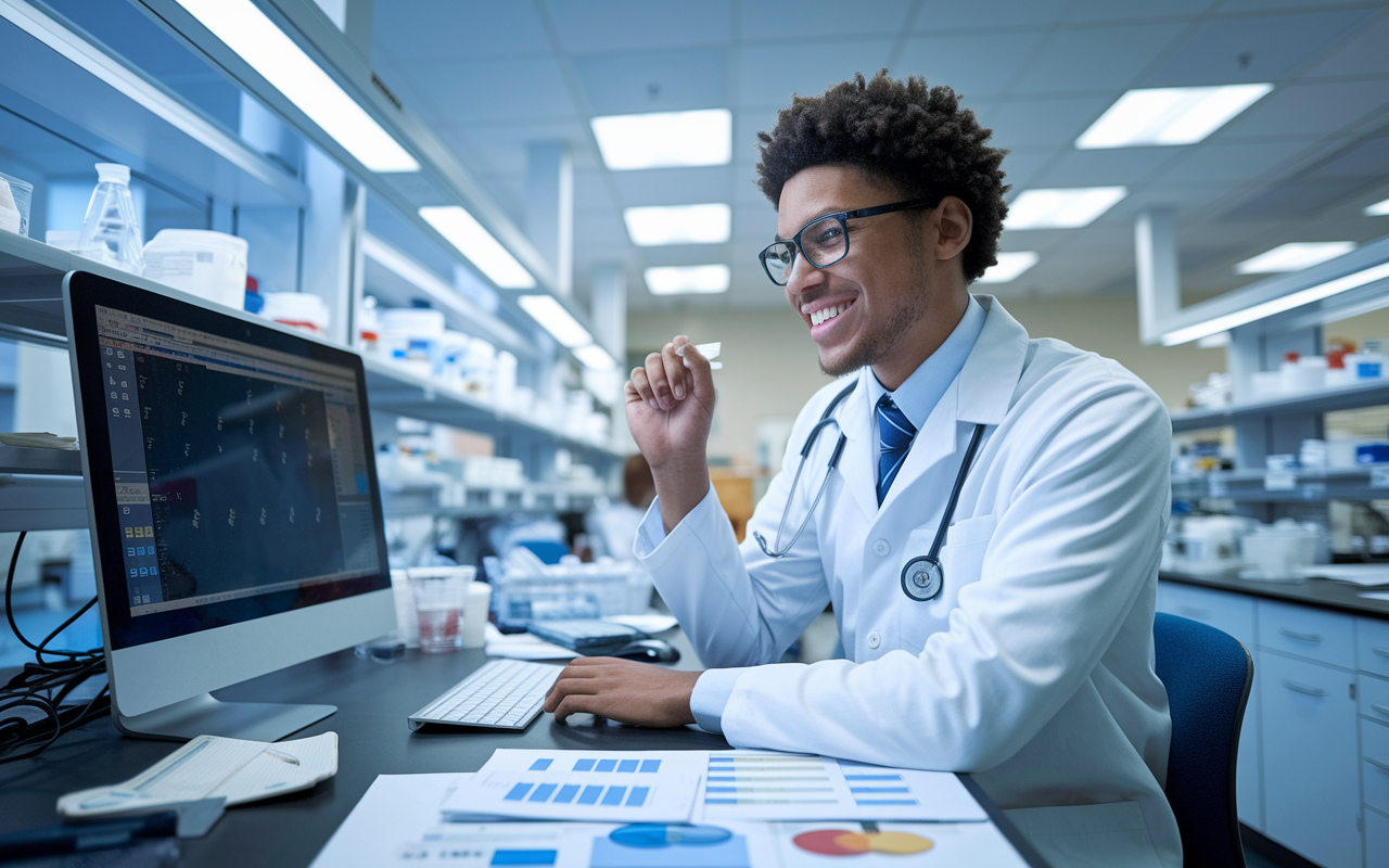 An enthusiastic medical student in a lab coat, happily working in a modern research lab environment. The student is analyzing data on a computer screen, surrounded by laboratory equipment, charts, and papers showcasing medical research findings. Soft lab lighting creates a productive atmosphere that highlights the importance of research in a medical career.