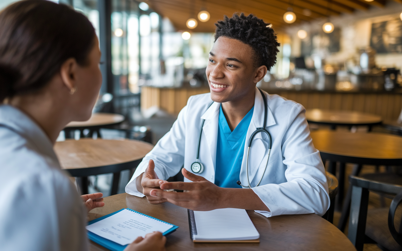 A nervous medical student preparing for a residency interview, seated at a café table with a friend. The student is practicing responses to mock interview questions while the friend provides constructive feedback. A notepad filled with notes and strategies is visible, along with a warm, inviting café atmosphere contributing to supportive social engagement.