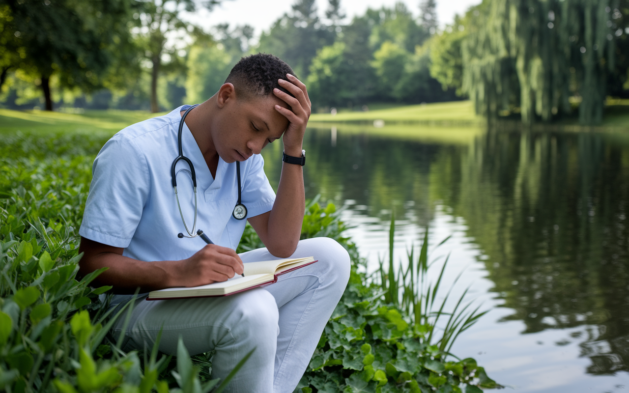 A determined medical student reflecting in a park, showing both disappointment and renewed motivation after a setback in the residency match. The environment features lush greenery and a serene lake, symbolizing hope and the pursuit of dreams. The student is sketching a new plan in a journal, illustrating a commitment to growth and overcoming challenges in their medical career.