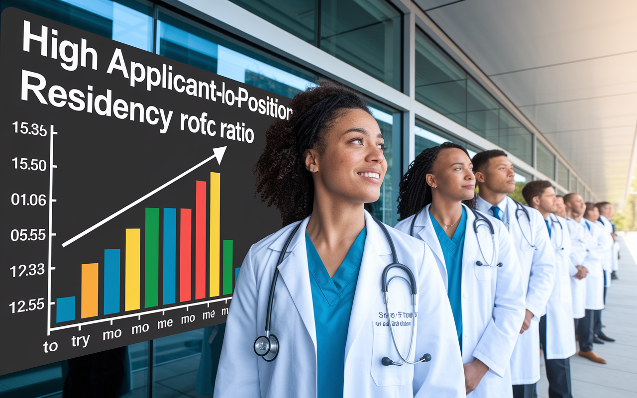 A visual representation of medical students lined up outside a specialty residency program office, looking anxious and hopeful. In the foreground, a chart displaying the high applicant-to-position ratio is illustrated, conveying a sense of competition. The setting is modern and professional, with bright, overhead lighting that gives an optimistic yet tense atmosphere.