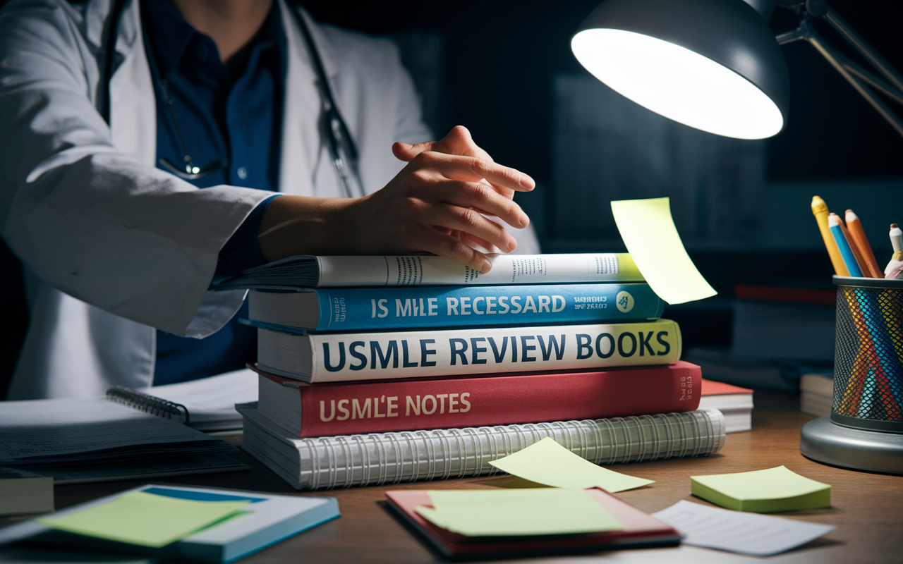 A close-up scene of a medical student's hands trembling over a stack of USMLE review books and notes in a cluttered study area. Post-it notes filled with reminders and highlighted textbooks abound. The ambiance is one of stress and anxiety, illuminated by a single desk lamp, creating deep shadows and emphasizing the pressure of high academic standards.