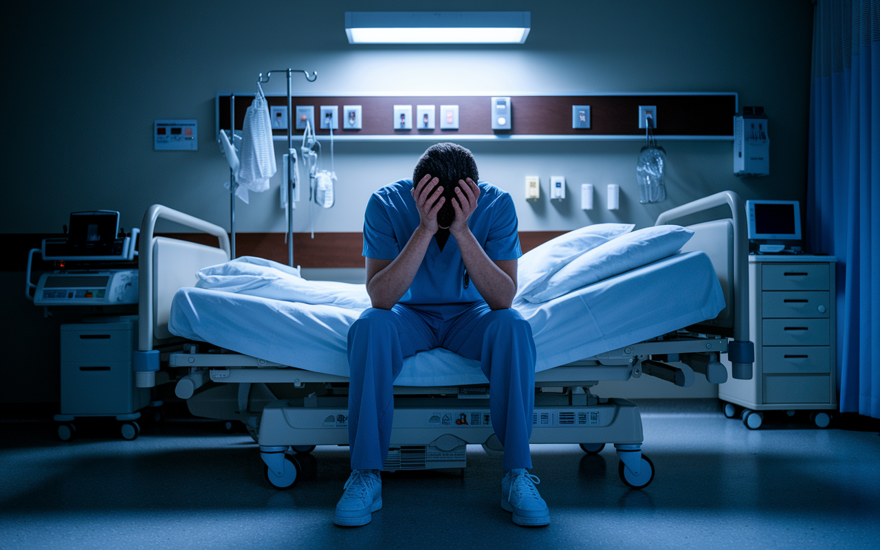 An exhausted medical professional sitting on the edge of a hospital bed, head in hands, surrounded by hospital equipment and charts. The room's light is dim, conveying a sense of weariness and disillusionment from the high-pressure environment of a competitive medical specialty. The atmosphere is somber with low contrast, reflecting the emotional toll of stress.