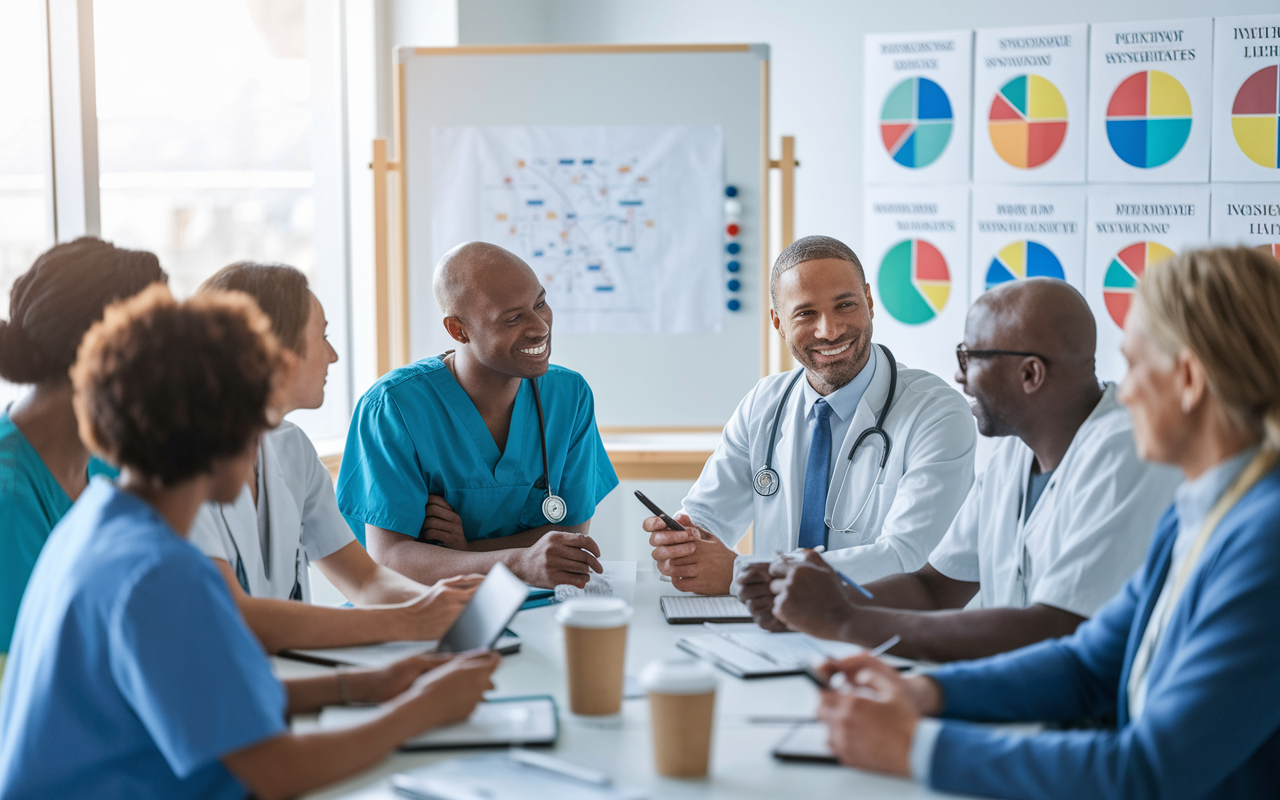 An inviting and collaborative environment showcasing diverse medical professionals engaged in discussions about alternative specialties like family medicine, psychiatry, and public health. The scene includes practitioners sharing experiences, with a whiteboard filled with colorful charts illustrating lower competition. Bright, natural light floods the room, creating a hopeful and inspiring atmosphere of teamwork and support.