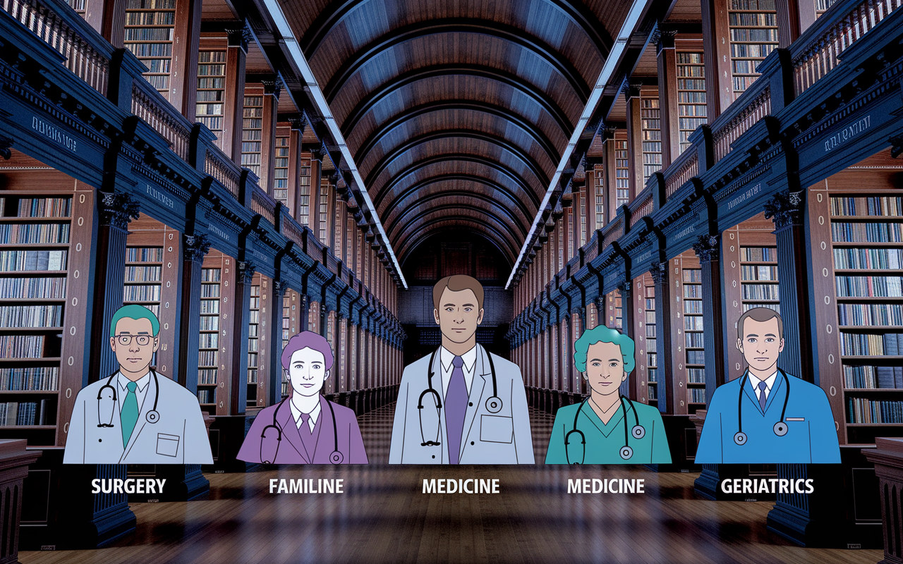 An illustrative representation highlighting the historical trends of various medical specialties over time. Graphs and charts depicting the rise and fall in popularity of different fields like surgery, family medicine, and geriatrics. Include visuals of iconic medical figures and vintage medical equipment, all framed within a warm-toned library setting conveying a sense of history and academic excellence.