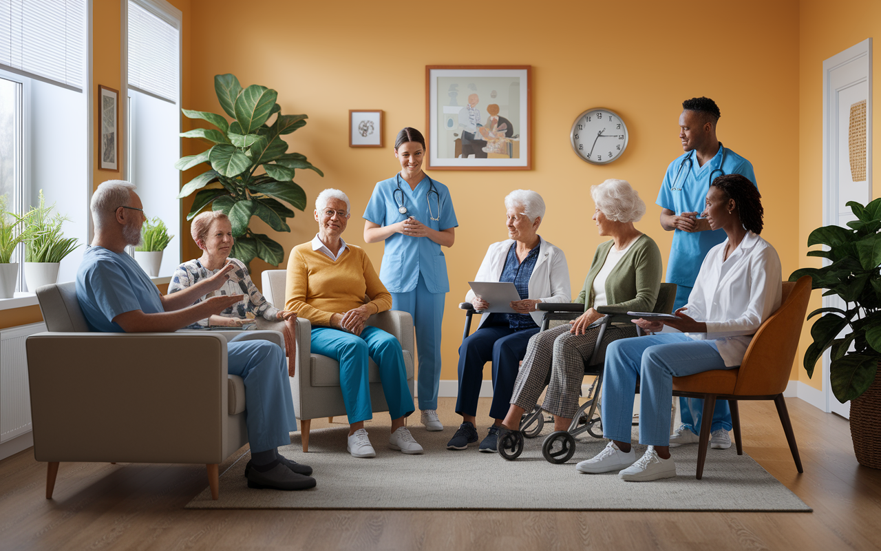 A thoughtful depiction representing the changing demographics of patients in modern medicine. Visualize a diverse group of elderly patients in a clinic, engaging with compassionate healthcare professionals in warm, welcoming surroundings. The room is bright with natural light, decorated with plants to create a comforting atmosphere, capturing the essence of geriatric care's increasing importance.