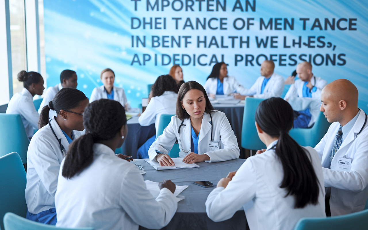 An engaging visual representing medical students discussing work-life balance during a workshop. Showcase a modern medical conference setting with diverse participants at round tables, engaging in thoughtful discussions. Bright lighting and an inspirational backdrop that emphasizes the importance of mental health, wellness, and balance in medical professions.