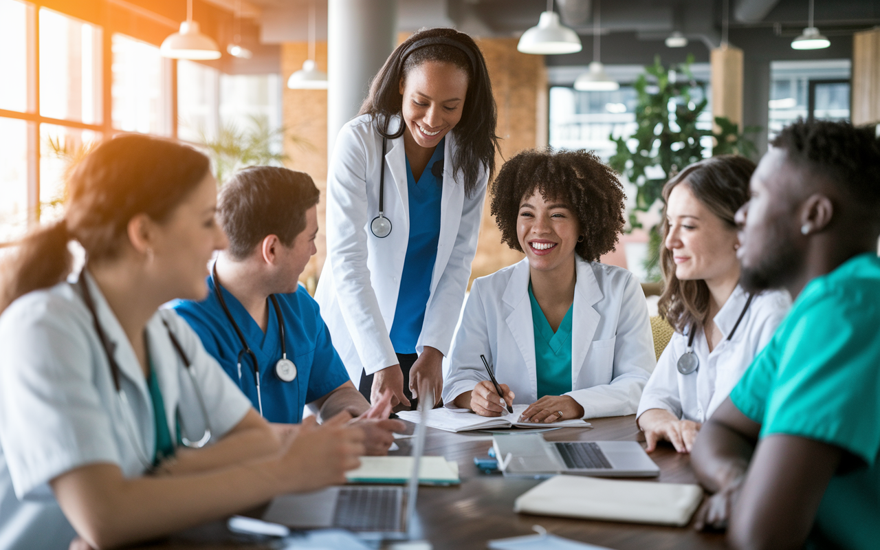 A vibrant scene illustrating culturally diverse medical students engaging in a discussion about social justice and health equity in medicine. Include a mixed group of enthusiastic students strategizing around a table filled with laptops, books, and community health resources, all under warm, inviting light that fosters an atmosphere of collaboration.