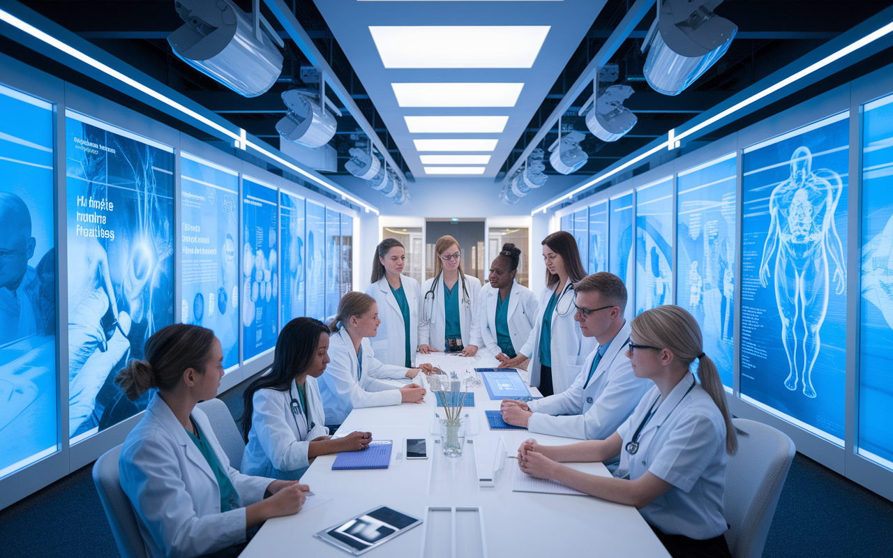 A forward-looking scene of a diverse group of medical students envisioning their future specialties during a collaborative workshop. The environment is dynamic, showcasing a mixture of high-tech medical concepts with elements of traditional practices. Bright, expansive space with motivational posters and digital displays inspiring innovation and creativity in future healthcare.