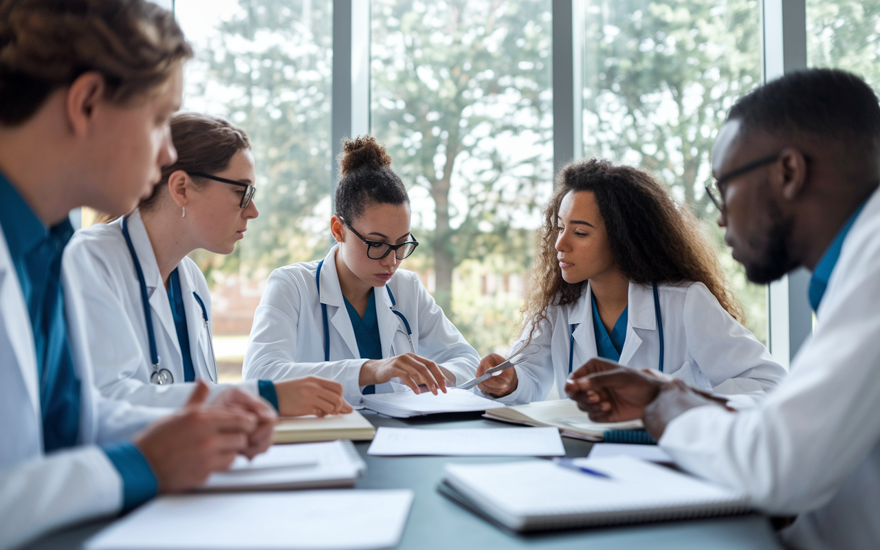 A group of medical students gathered around a table, one reviewing a CV, while others provide feedback. The setting is bright and focused, with books and notepads scattered on the table. A large window lets in natural light, reflecting an atmosphere of collaboration and support in a study space.