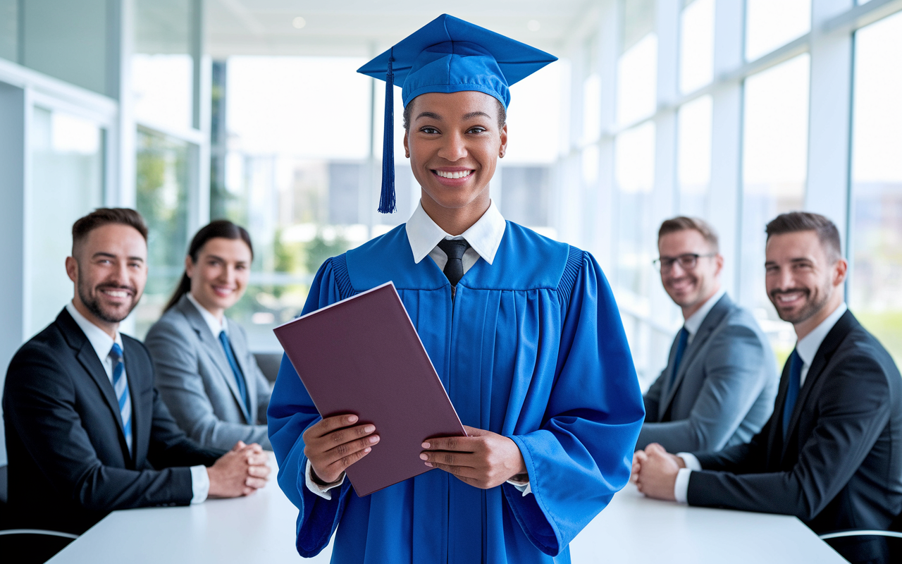 A confident medical graduate dressed in a professional outfit, standing in a bright interview room, holding a polished CV in one hand. Behind them is a welcoming panel of interviewers, smiling and preparing to engage. The ambiance is bright and hopeful, reflecting the aspirations and opportunities of the medical field.