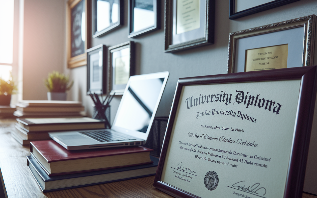 A close-up of a pristine university diploma displayed on a wall, surrounded by framed awards and achievements. The background is a wooden desk cluttered with textbooks and a laptop showing a medical school website. Soft sunlight streams through the window, casting gentle shadows of accolades, symbolizing dedication and hard work in medical education.