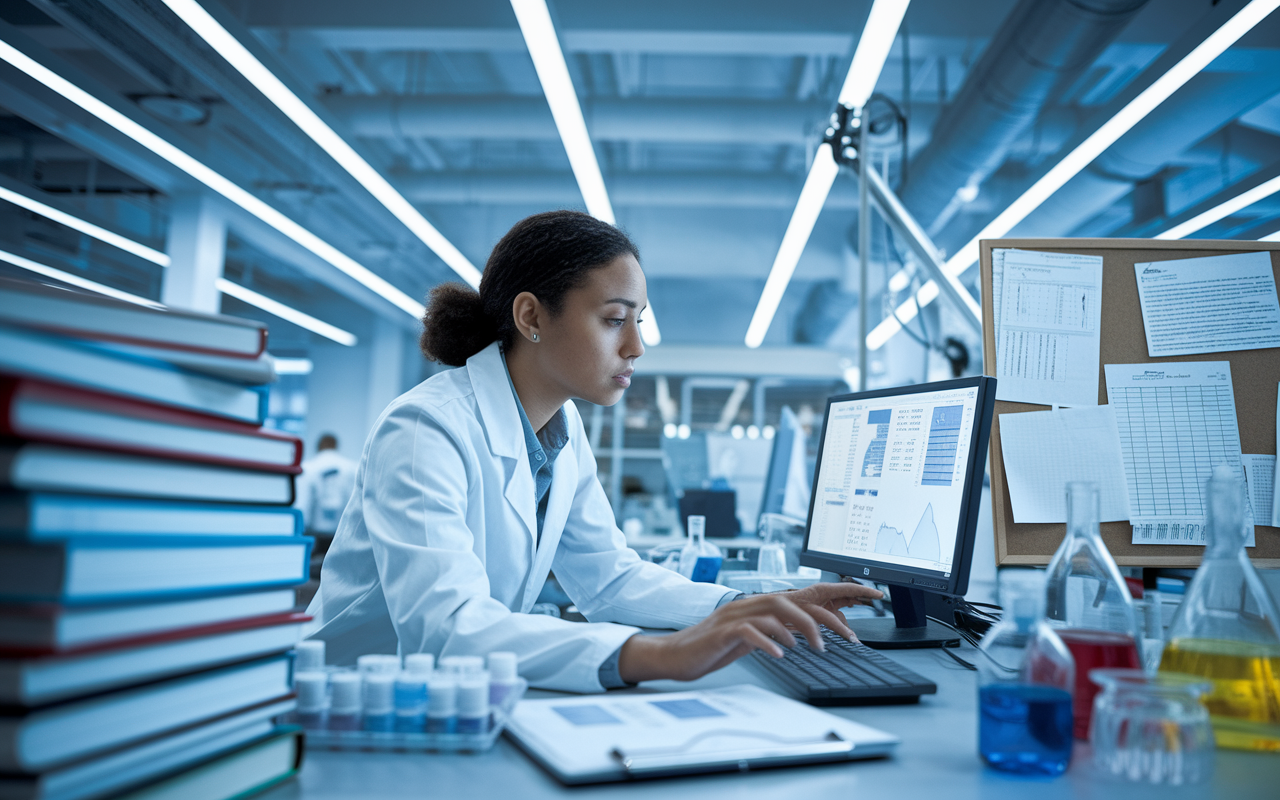 A focused researcher wearing a lab coat, sitting in a modern laboratory filled with scientific equipment. They are analyzing data on a computer screen with graphs and charts visible. Surrounding them are stacks of medical journals and a notice board filled with research notes, under bright overhead lights, capturing the spirit of discovery and scientific inquiry.