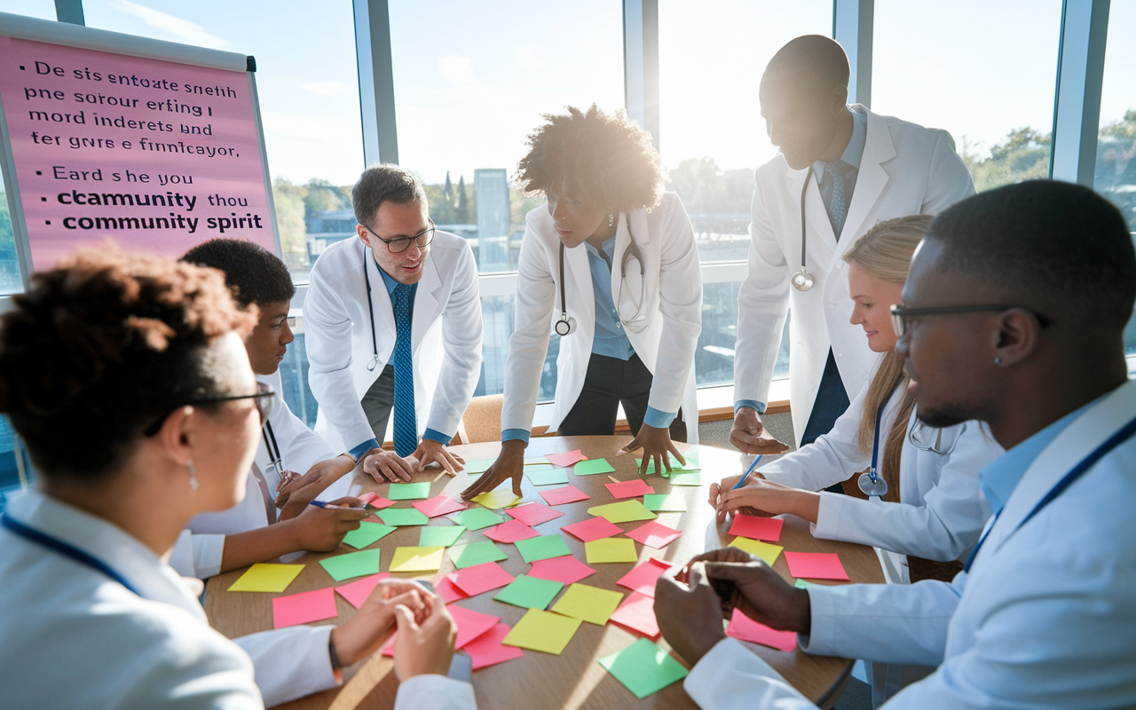 A vibrant group of medical students engaged in a leadership workshop, brainstorming ideas around a round table. Colorful post-it notes cover the table, and an enthusiasm for collaboration fills the room. A flip chart displays inspirational phrases, bathed in bright natural light, depicting the dynamic energy of teamwork and community spirit.