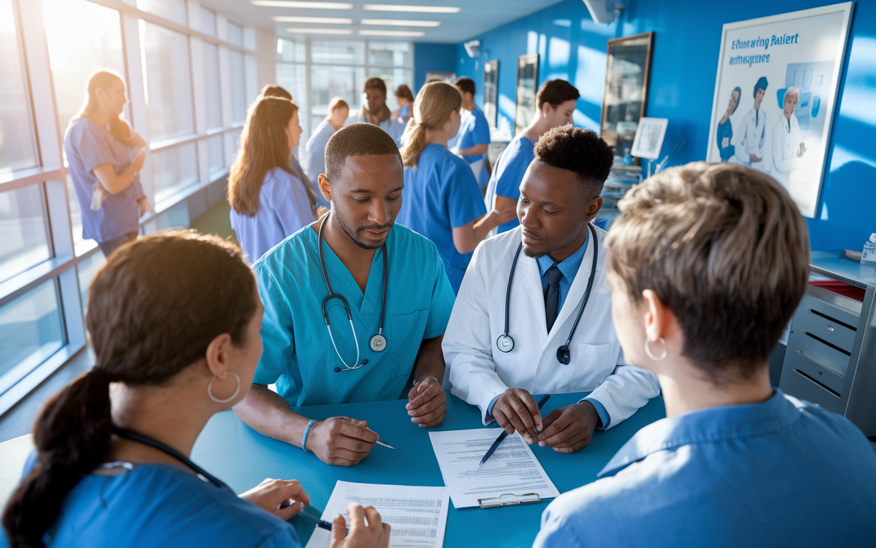 A bustling hospital environment during a day shift, with a diverse group of medical residents collaborating in a patient care setting. One resident, wearing a stethoscope, is intently discussing patient charts with a mentor. Bright, natural light streams through large windows, creating an energetic ambiance. Medical equipment and posters about patient care strategies decorate the walls, illustrating a vibrant learning atmosphere. The expressions of teamwork and engagement reflect the essence of clinical experiences pivotal for residency applications.