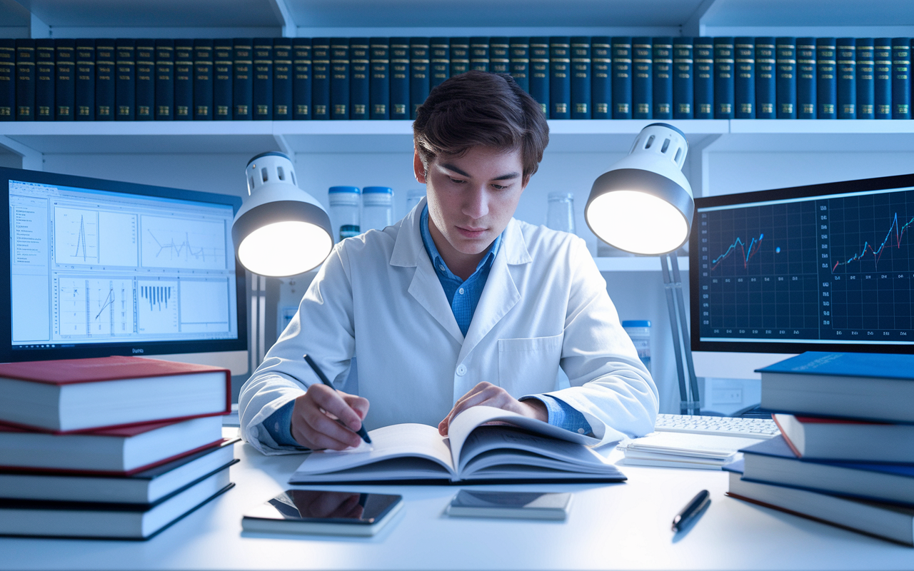 A focused scene of a young researcher working in a laboratory, surrounded by books and computer screens displaying graphs and research data. The researcher, dressed in a lab coat, flips through a journal article while taking notes. Bright lab lights highlight the array of research materials on the desk, emphasizing an environment of inquiry and discovery in medicine. The backdrop features shelves filled with medical encyclopedias, creating a scholarly ambiance.