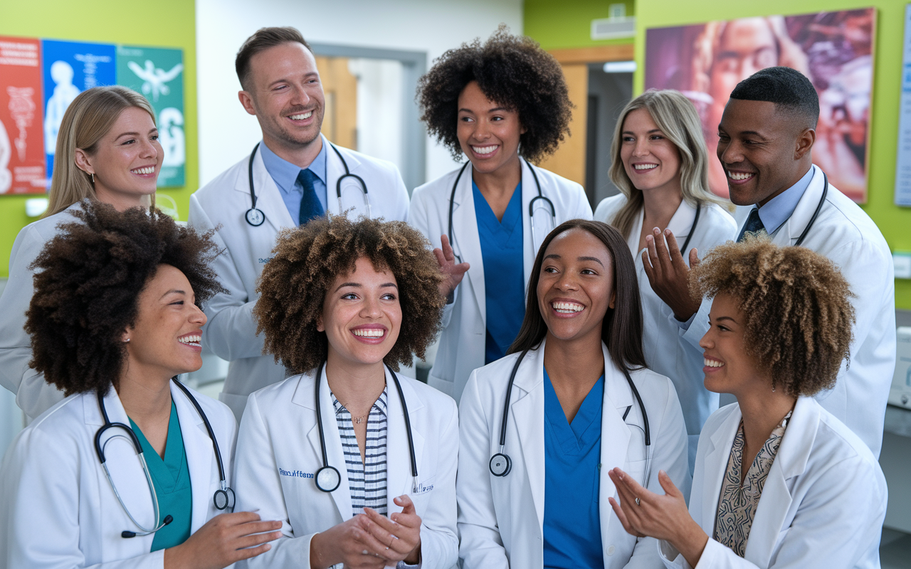 An inspiring montage of diverse medical residents celebrating in a hospital environment, showcasing joy and teamwork. A group of residents is seen discussing cases in a bright, shared workspace with colorful charts and medical visuals on the walls. Their expressions exude enthusiasm and camaraderie, capturing the essence of hard work and achievement in the medical field. The atmosphere is vibrant and filled with a sense of hope and commitment to patient care.