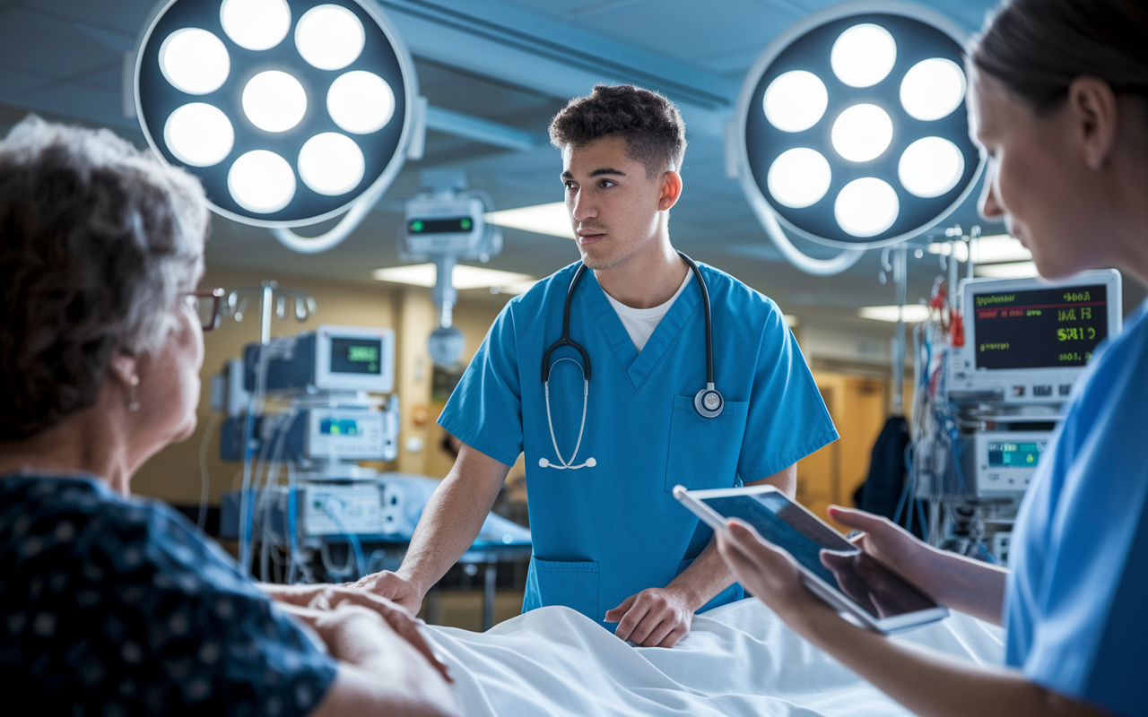 A young medical intern, wearing scrubs and a stethoscope, interacting with a patient in a busy hospital room. The intern listens attentively, demonstrating empathy and professionalism, while a nurse documents information on a digital tablet nearby. The room is filled with medical equipment and monitors, creating a sense of urgency and care. Bright overhead lights illuminate the scene, symbolizing the dedication and hard work involved in medical training.