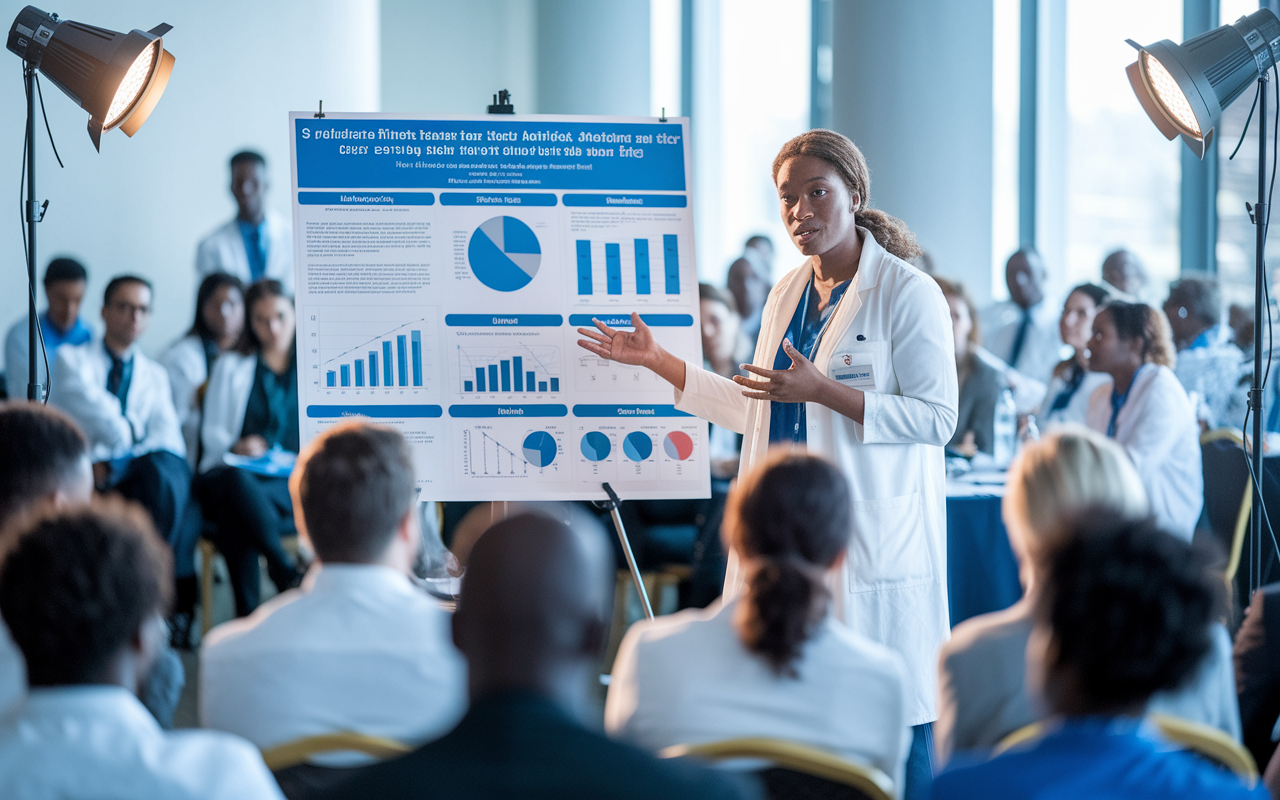 A dedicated medical researcher presenting their findings at a conference, standing beside a large poster with charts and images. The audience, diverse and engaged, is attentively listening. The setting is a bright conference room filled with medical professionals and students, showcasing a collaborative environment in academia. Spotlights highlight the presenter and poster, emphasizing the importance of research in the medical field.