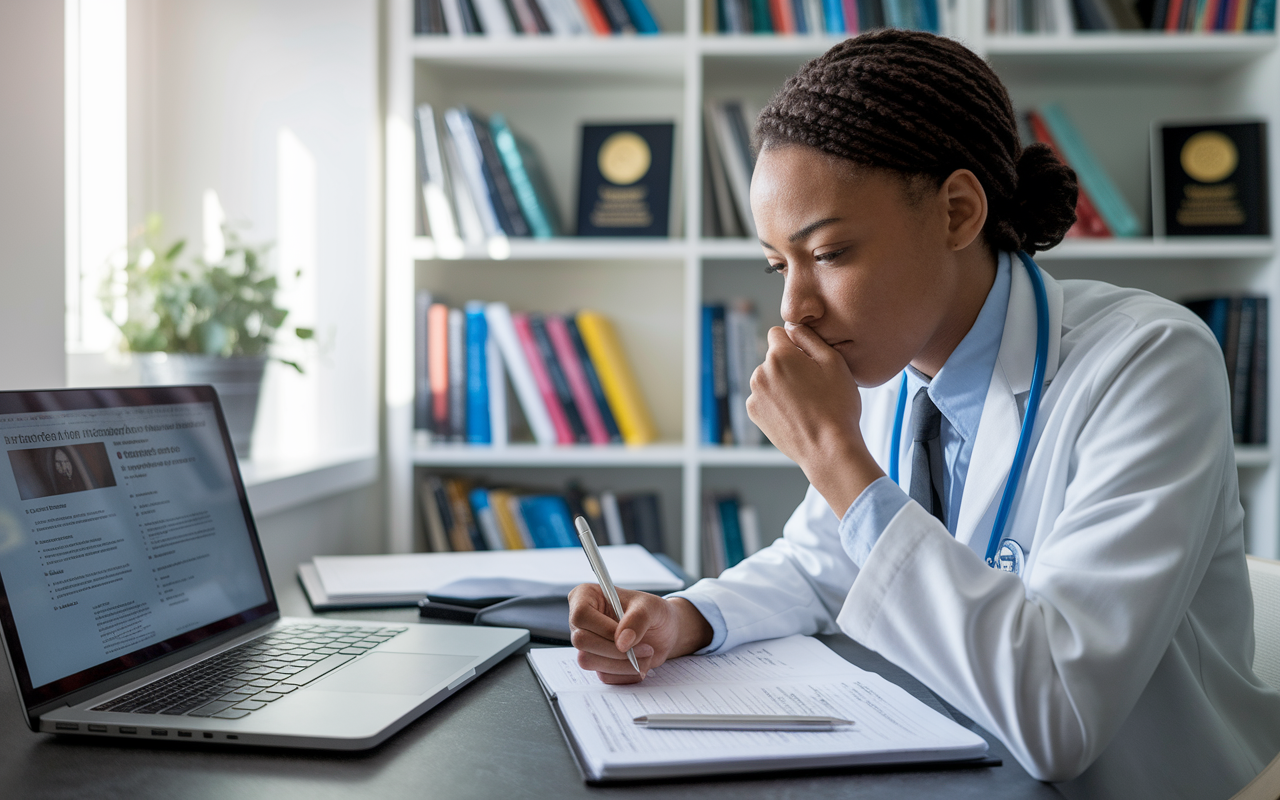 A focused medical student seated at a desk, customizing their curriculum vitae for a specific residency application. The student reviews notes and a laptop screen displaying a program description, deep in thought. Natural light streams through a nearby window, creating a bright and inspiring workspace filled with medical books and awards. This scene captures the dedication and meticulousness needed for a successful residency application.