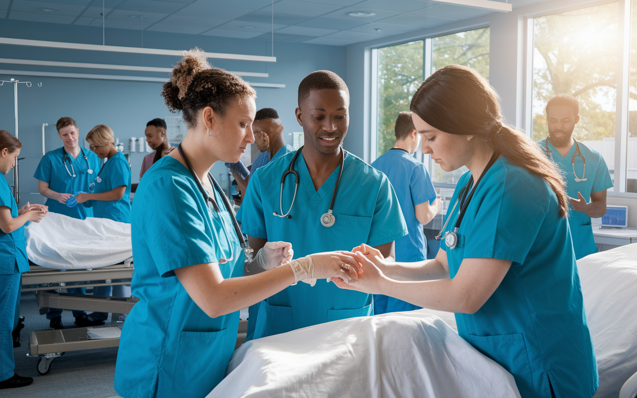 An engaging scene showing a diverse group of medical students in scrubs engaged in hands-on clinical practice. The background is a simulated hospital setting with equipment and patients, illustrating teamwork and interaction. The students are performing various tasks, indicating knowledge and skill, while sunlight streams through windows, symbolizing hope and growth within the medical profession.