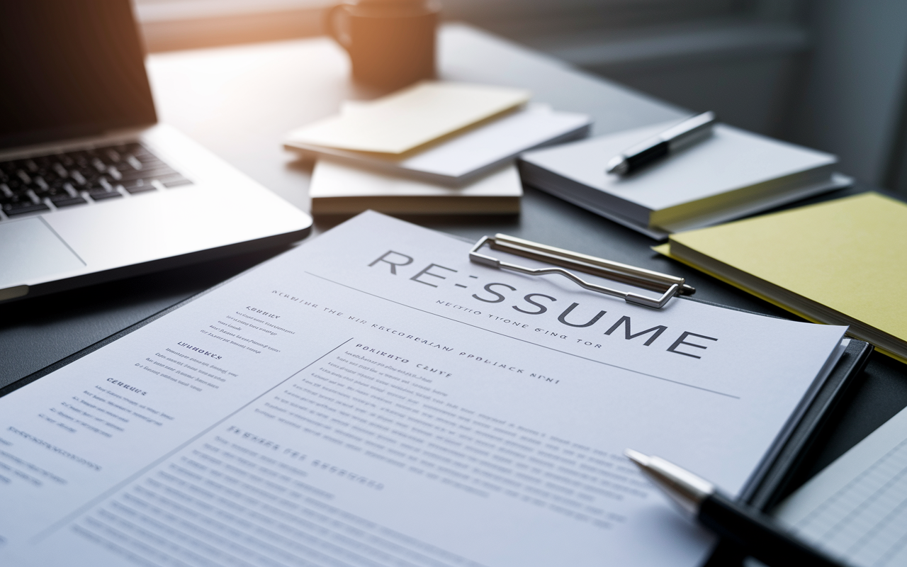 A close-up of a well-organized medical resume on a desk with a laptop and notes scattered around. The resume is formatted beautifully, with clear sections and bullet points, showcasing a professional and polished design. The lighting is warm and inviting, symbolizing opportunity and readiness for the residency application process.