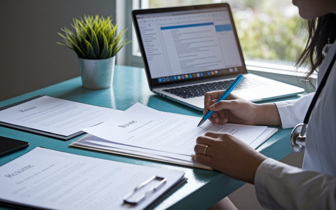 An artistically styled workspace where a medical student is deeply focused on refining their resume. Papers are spread across a desk alongside a laptop displaying an editing document, with a calm ambiance created by soft daylight filtering through a window. The scene conveys creativity and attention to detail, signifying the effort put into crafting a compelling narrative for residency applications.