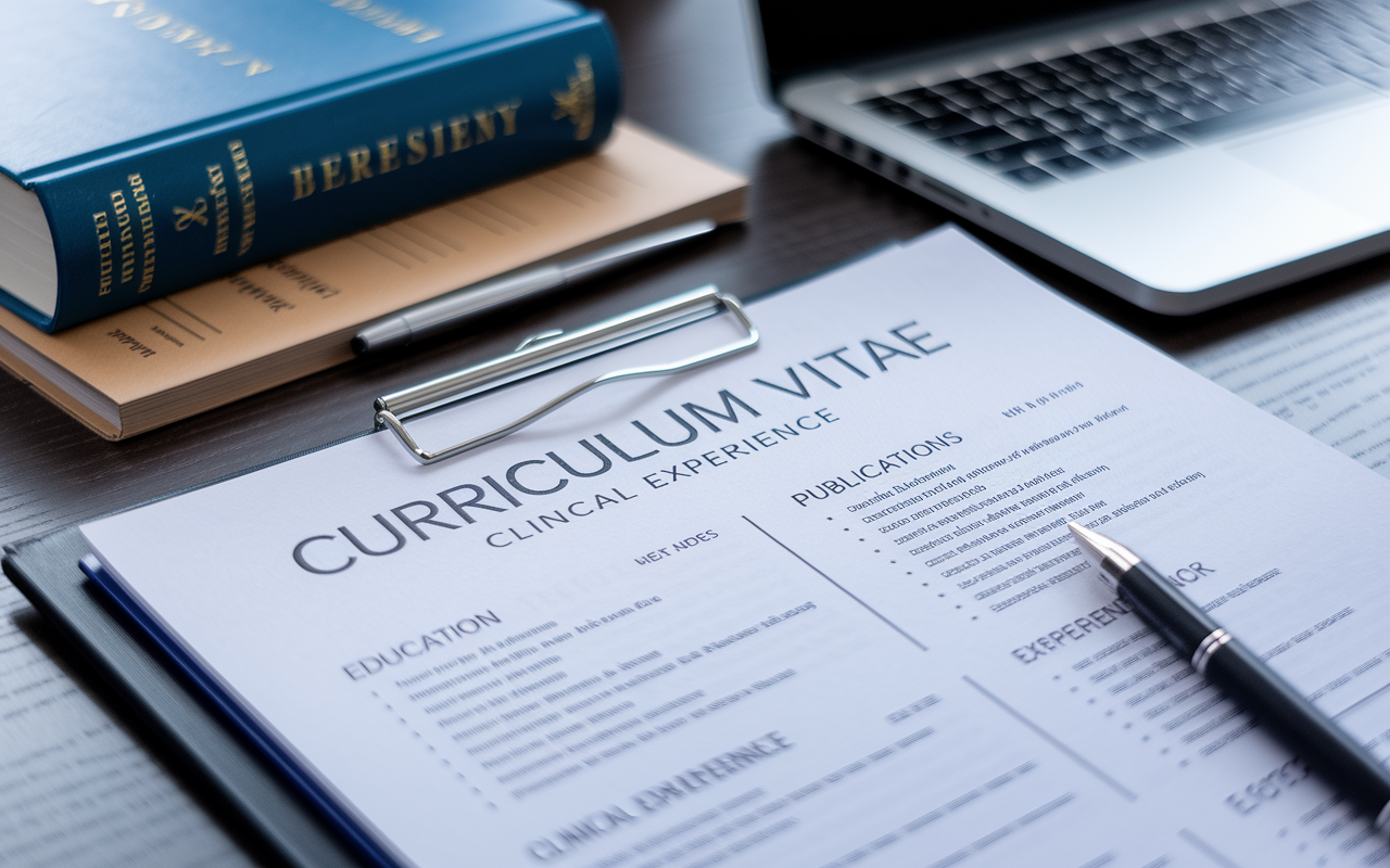 A close-up of a well-organized Curriculum Vitae spread on a desk, featuring key sections like Education, Clinical Experience, and Publications. The CV includes bullet points of achievements and experiences, with highlights of honors received. A background featuring a medical textbook and laptop, conveying a serious study atmosphere. Use of shallow depth of field to emphasize the CV while the background remains slightly blurred.