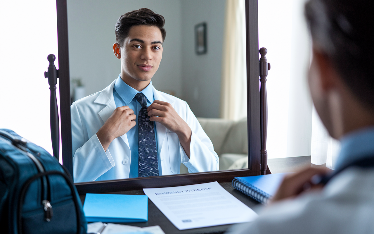 A motivational scene where a confident medical student is preparing for a residency interview. The student is sitting in front of a mirror, adjusting their tie while glancing at a printed CV on the table, showcasing a polished and professional appearance. The background consists of a packed medical bag, textbooks, and notes, symbolizing preparedness. Soft lighting creates a hopeful and inspiring mood, ready for the next step in their medical career.