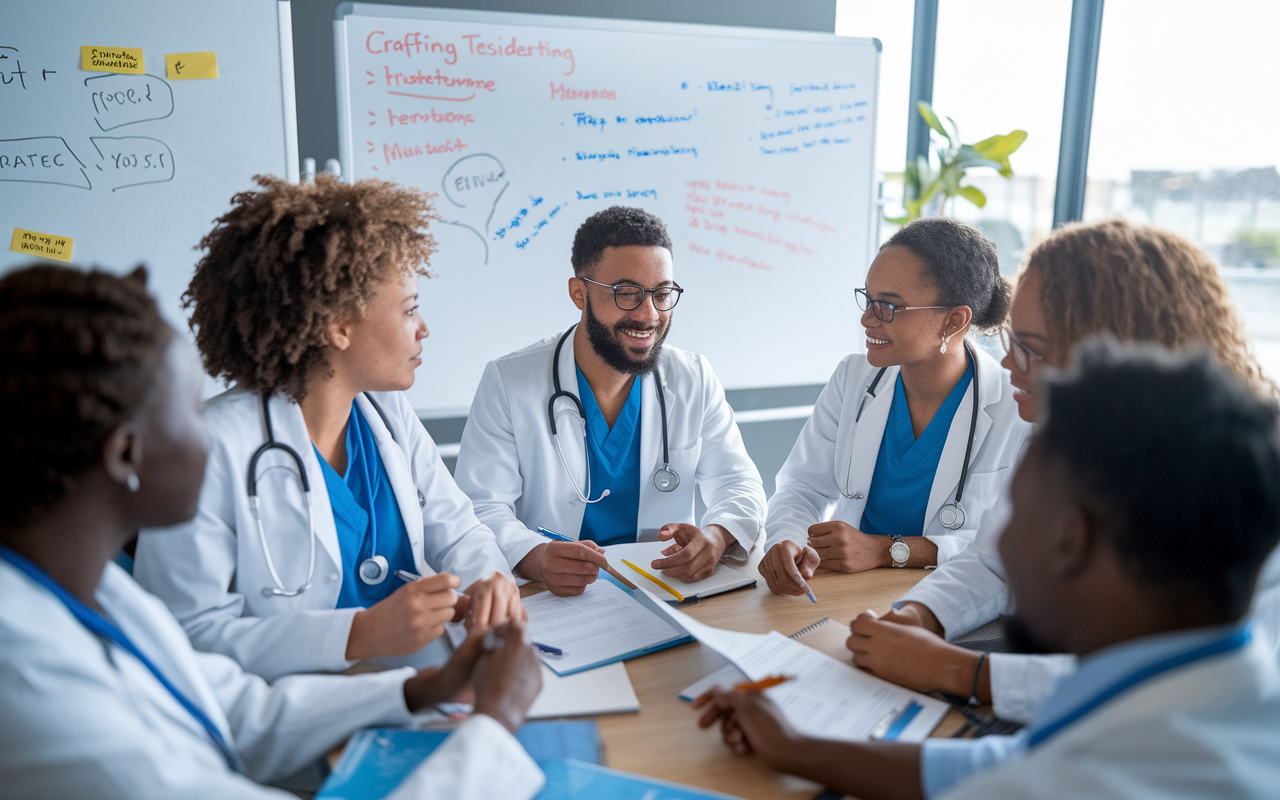 An inspiring room filled with medical students engaged in a group study session, sharing tips on crafting effective residency CVs. Whiteboards with brainstorming notes in the background, fostering a collaborative environment. Students are displaying diverse cultural backgrounds, showcasing teamwork and diversity in medicine. Bright, natural light filters through the windows, symbolizing hope and the future of healthcare.