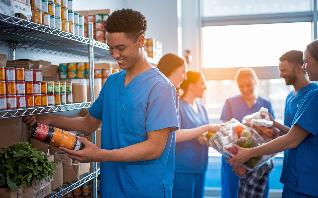 A dedicated medical student wearing scrubs, actively volunteering at a local food bank. The scene shows the student sorting shelves filled with canned goods and fresh produce, engaging warmly with families receiving assistance. Outside the window, the golden glow of sunset reflects the compassion and commitment. There’s a sense of community and teamwork as fellow volunteers help organize the donations, creating a heartwarming and impactful atmosphere.