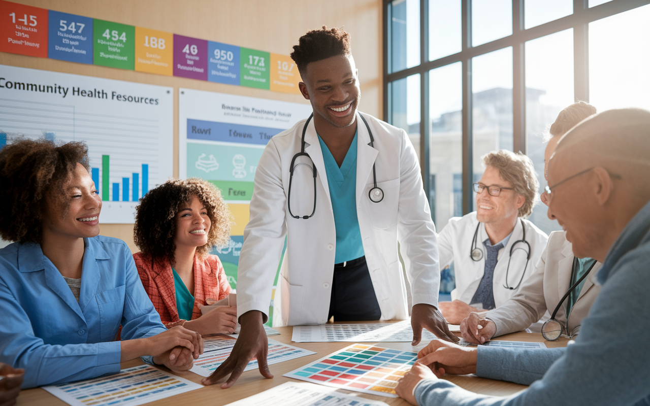 A confident medical student leading a volunteer project in a community health center. The student is guiding a team of volunteers, preparing community health resources. The room is decorated with colorful health posters and there’s a large chart showcasing health statistics. The group displays enthusiasm and teamwork, with natural sunlight pouring in from a large window, creating a sense of motivation and dedication to community well-being.