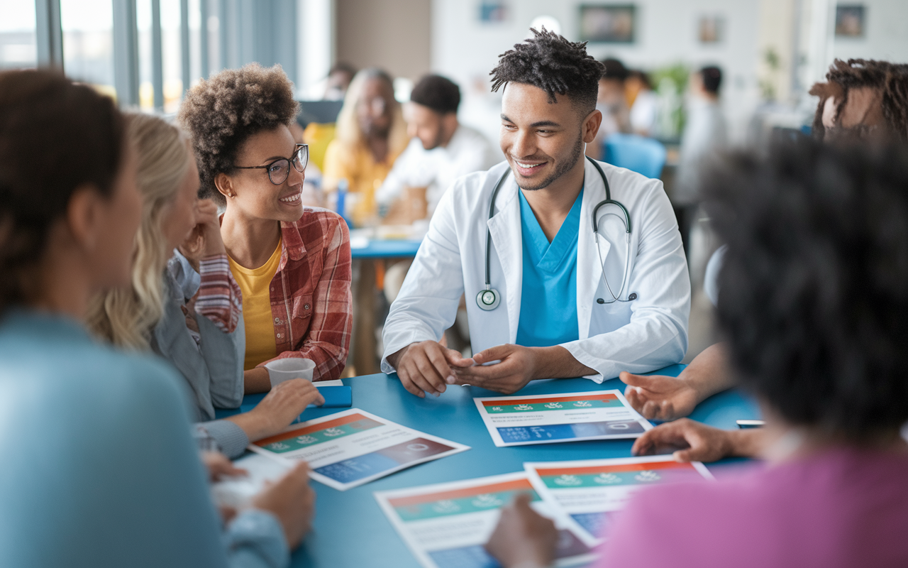 An interactive scene of a medical student conducting a health awareness workshop at a local community center. The student is engaged with a diverse group of community members, showcasing educational materials about health practices. Bright colors and engaging visuals create an inviting environment. The expression on the faces shows curiosity and interest, highlighting the student’s commitment to serving the community and improving health literacy.